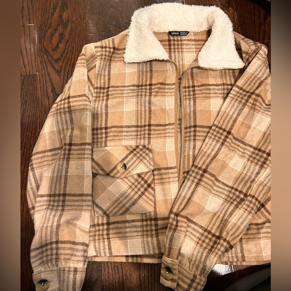 SHEIN Tan Plaid Coat with Cream Sherpa Collar